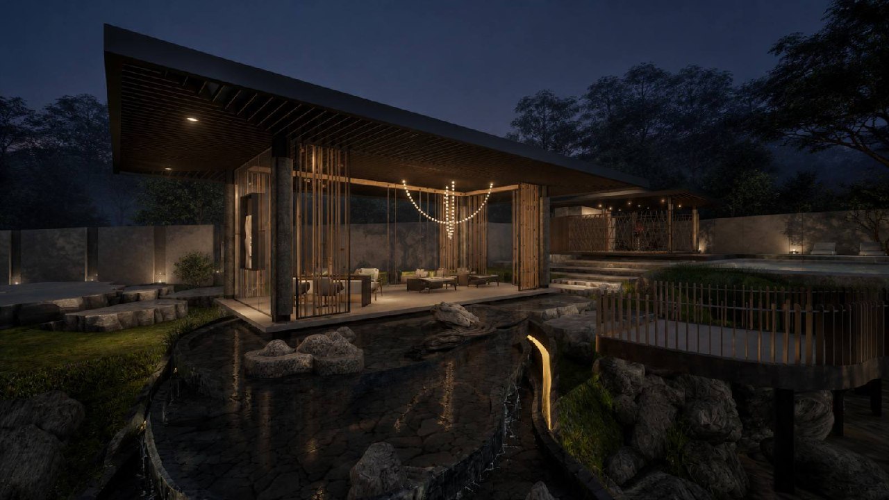 Night pavilion with timber screens over a reflecting water garden.